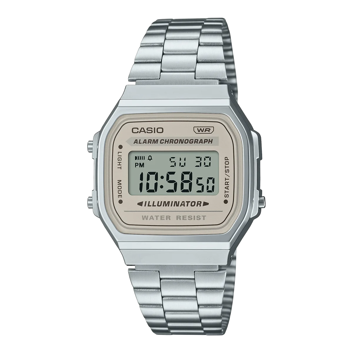 Casio Gents Digital Tranquil Urban WR Cream Face Stainless Steel Band - A168WA-8A