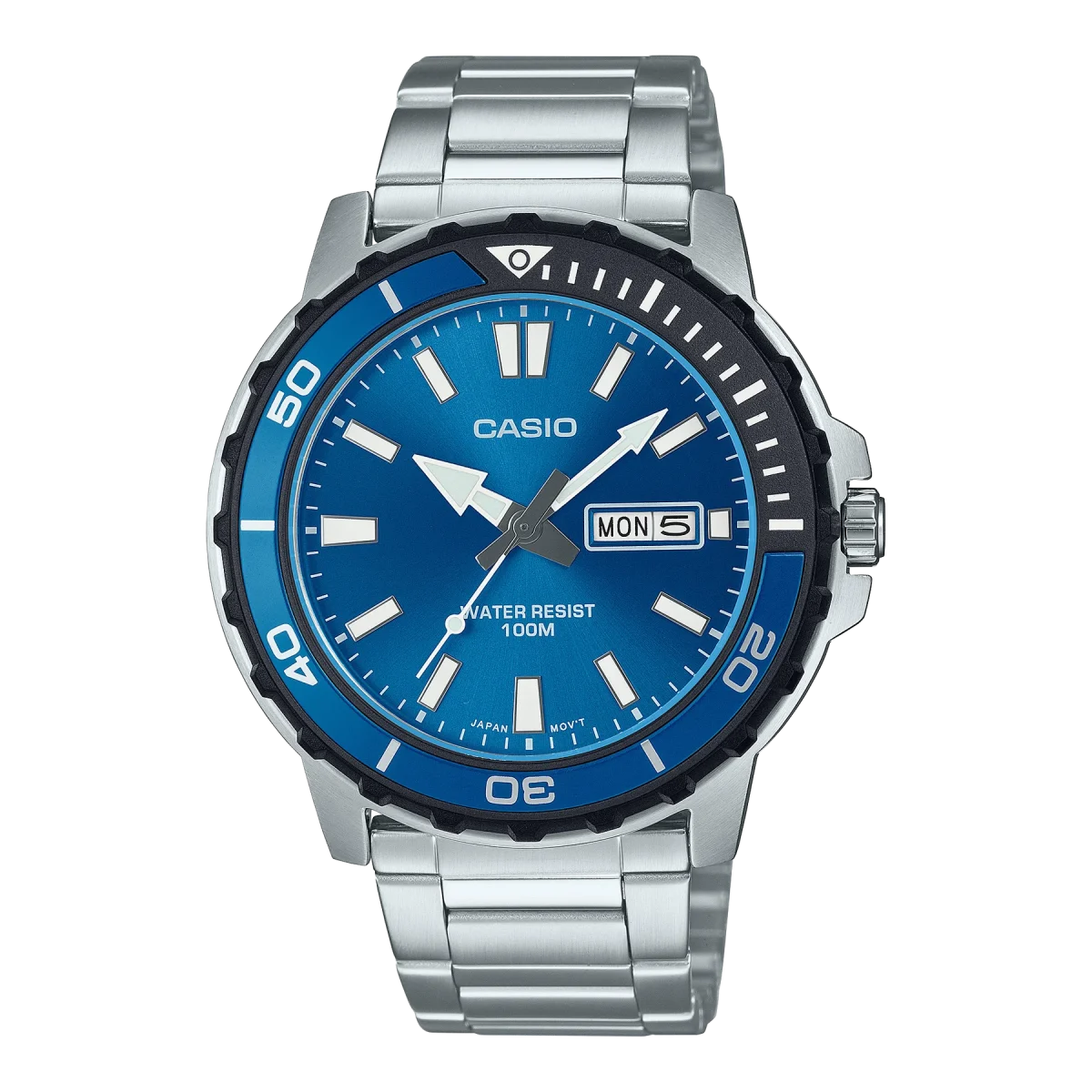 Casio Gents Divers Look 100M WR Rotary Bezel Blue Dial Day & Date Stainless Steel Band - MTD125D-2A1