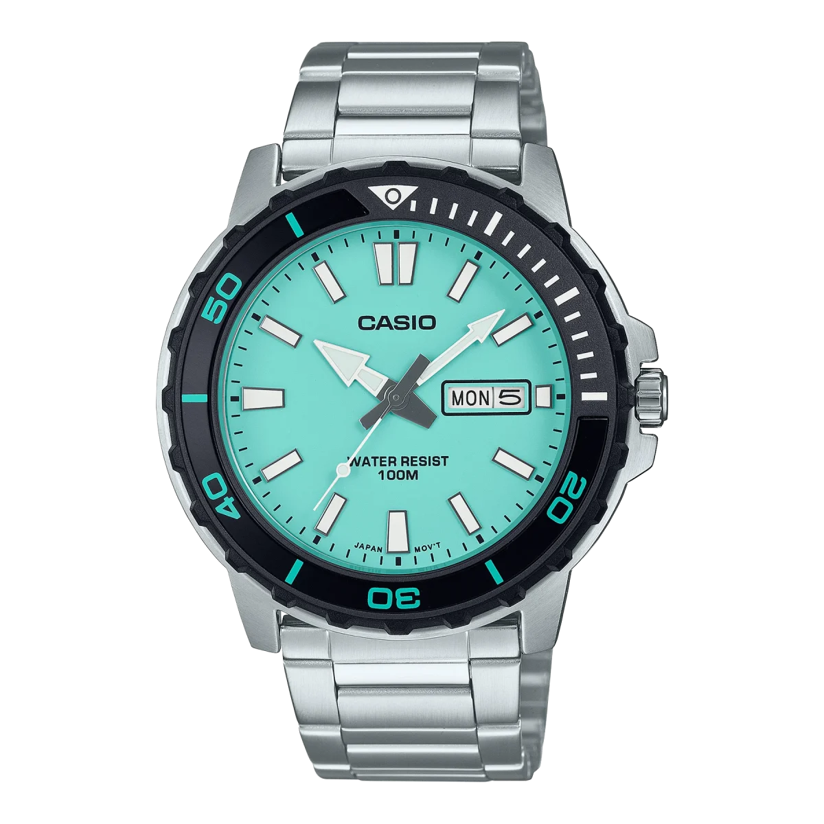 Casio Gents Divers Look 100M WR Rotary Bezel Tiffany Blue Dial Day & Date Stainless Steel Band - MTD125D-2A2