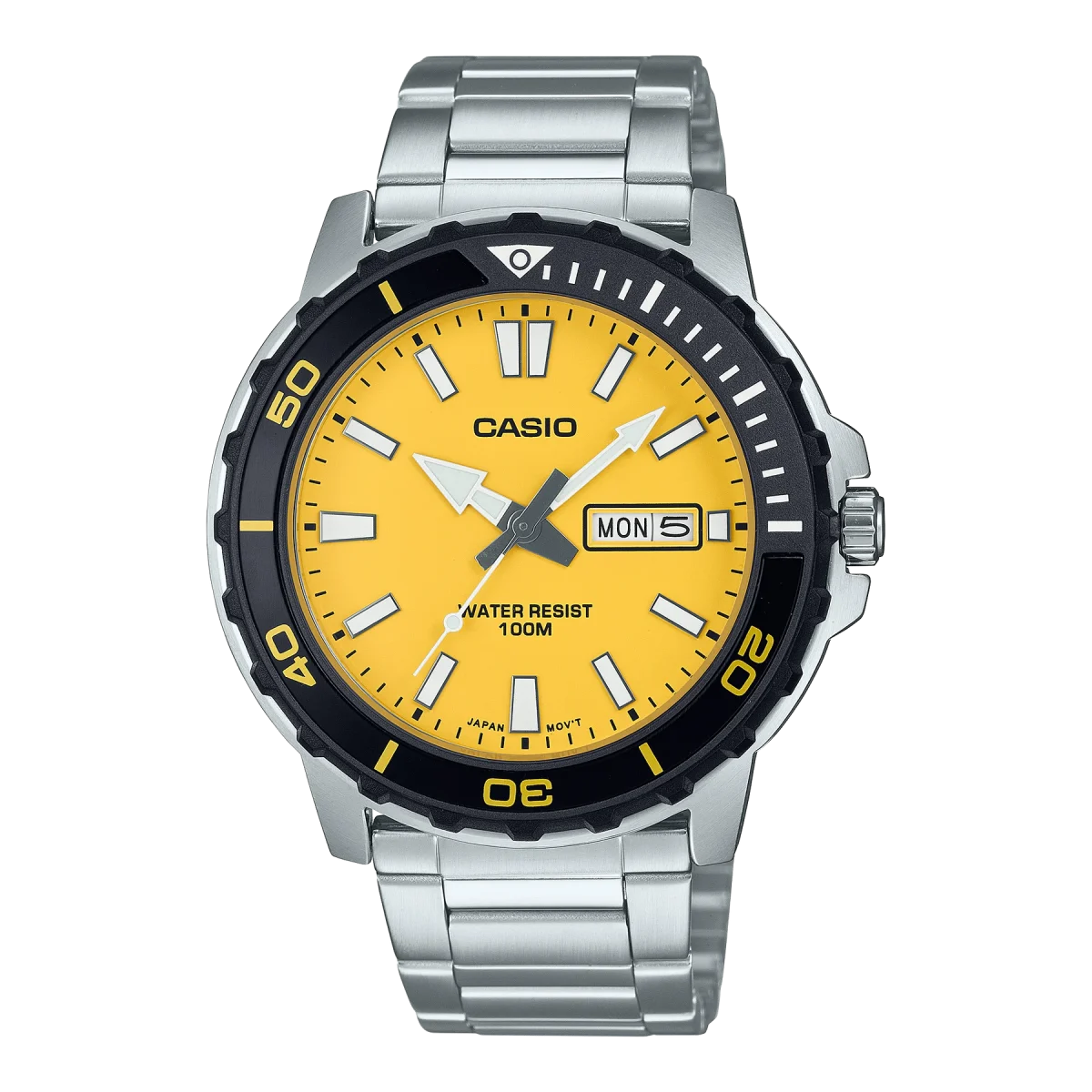 Casio Gents Divers Look 100M WR Rotary Bezel Yellow Dial Day & Date Stainless Steel Band - MTD125D-9A