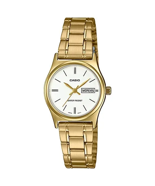 Casio Ladies Analogue Watch White Dial, Gold Case & Band- LTPV006G-7B