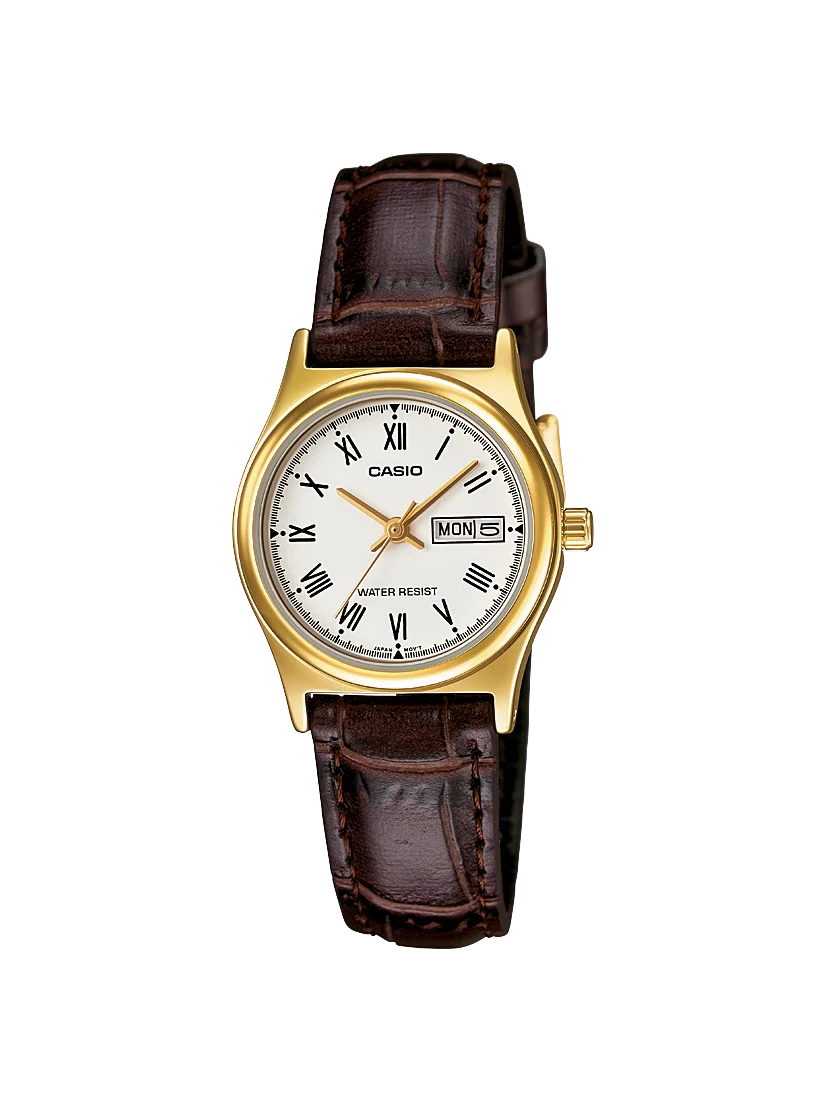 Casio Ladies Analogue WR White Face Gold Case Brown Leather - LTPV006GL-7B