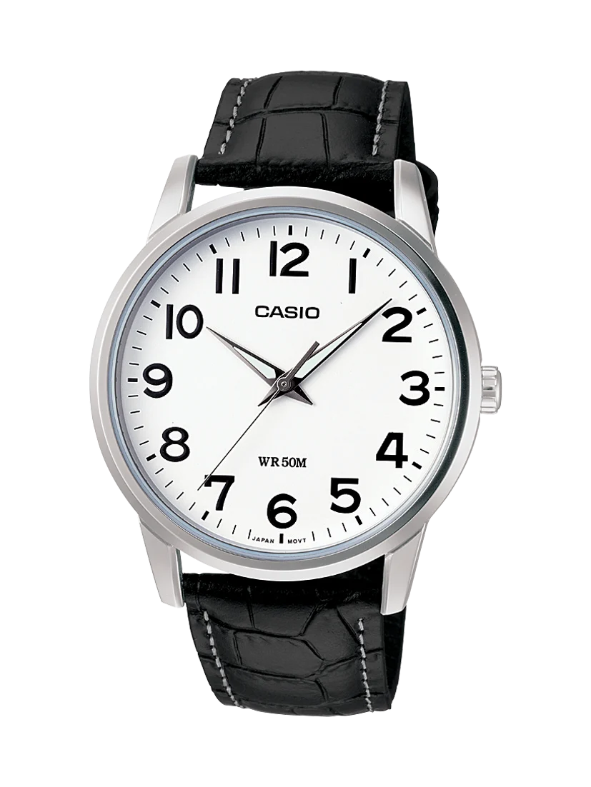 Casio MTP1303L-7B Classic Analogue Leather Strap Watch Casio MTP1303L-7B White Dial Black Leather Strap Analogue Watch