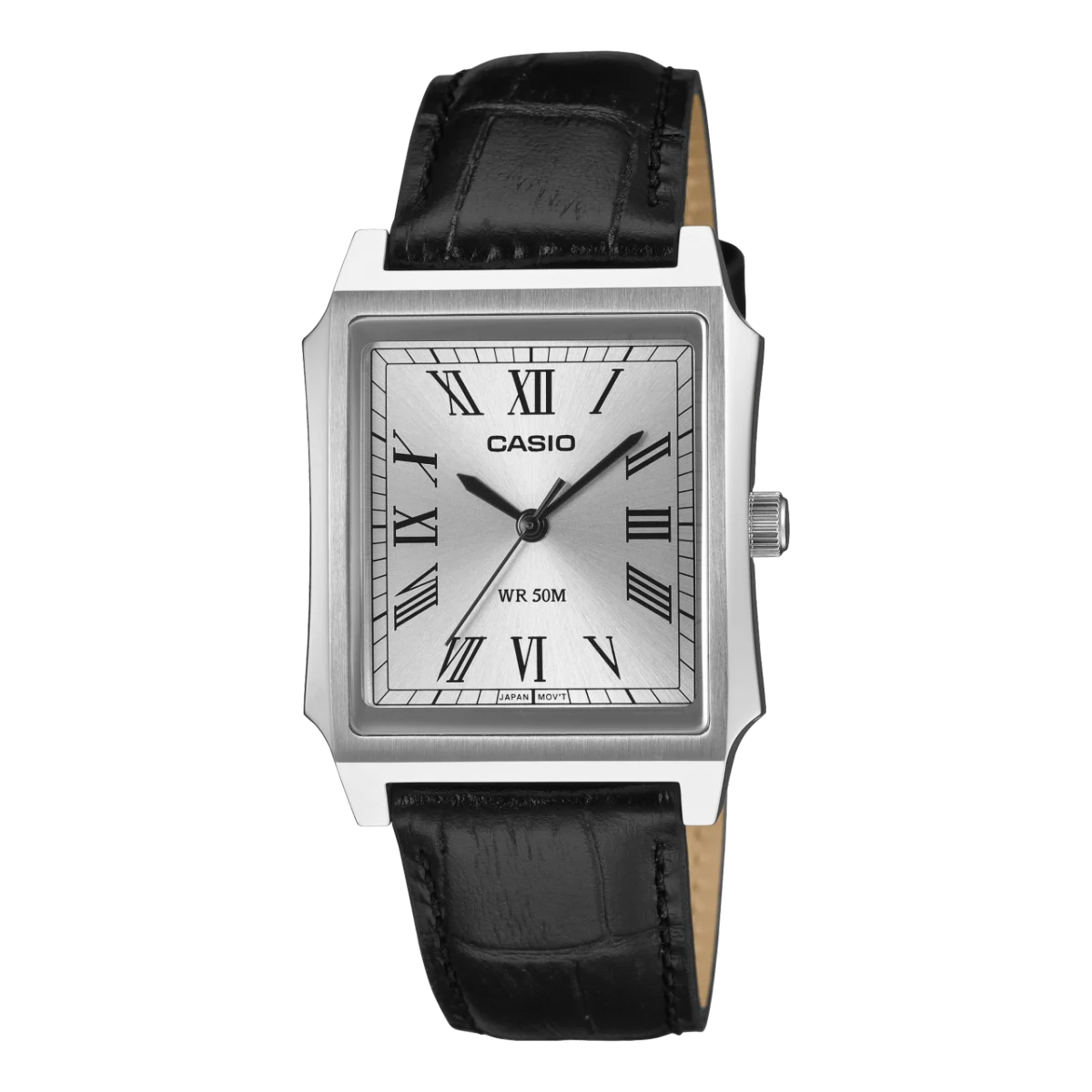 Casio MTPB190L-7B Gents Watch – Silver Dial Rectangular Case, Black Leather Strap, WR50M Classic Dress Watch