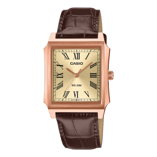 Casio MTPB190RGL-9B Gents Watch – Rose Gold Tone Classic Rectangular Dial, Leather Strap, WR50M