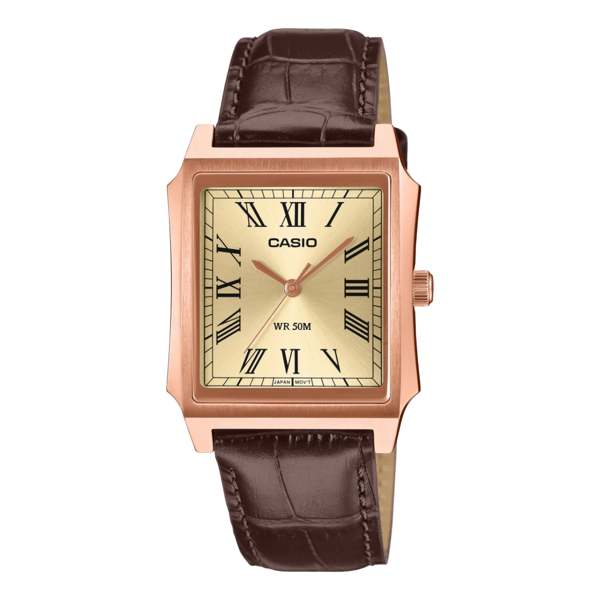 Casio MTPB190RGL-9B Gents Watch – Rose Gold Tone Classic Rectangular Dial, Leather Strap, WR50M