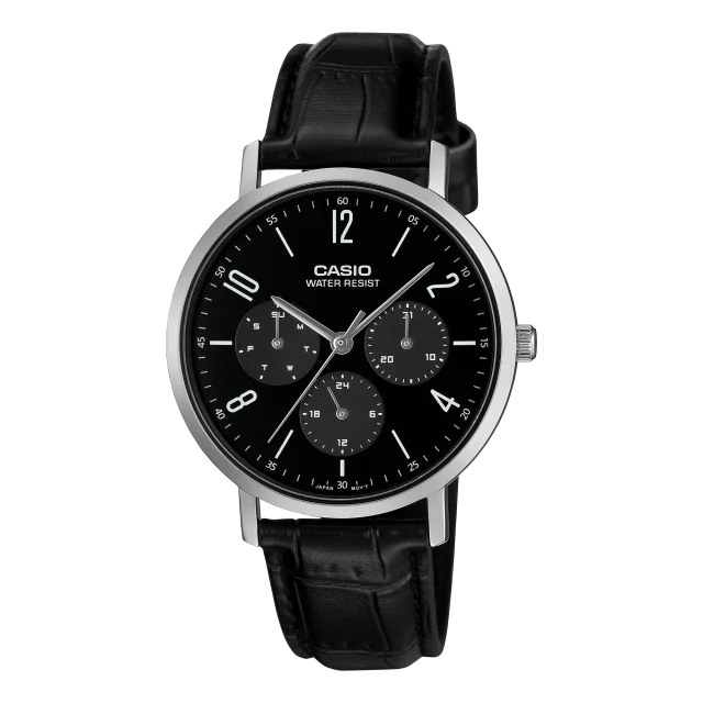 Casio MTPVT06L-1B Men's Analogue Black Dial Leather Strap Watch