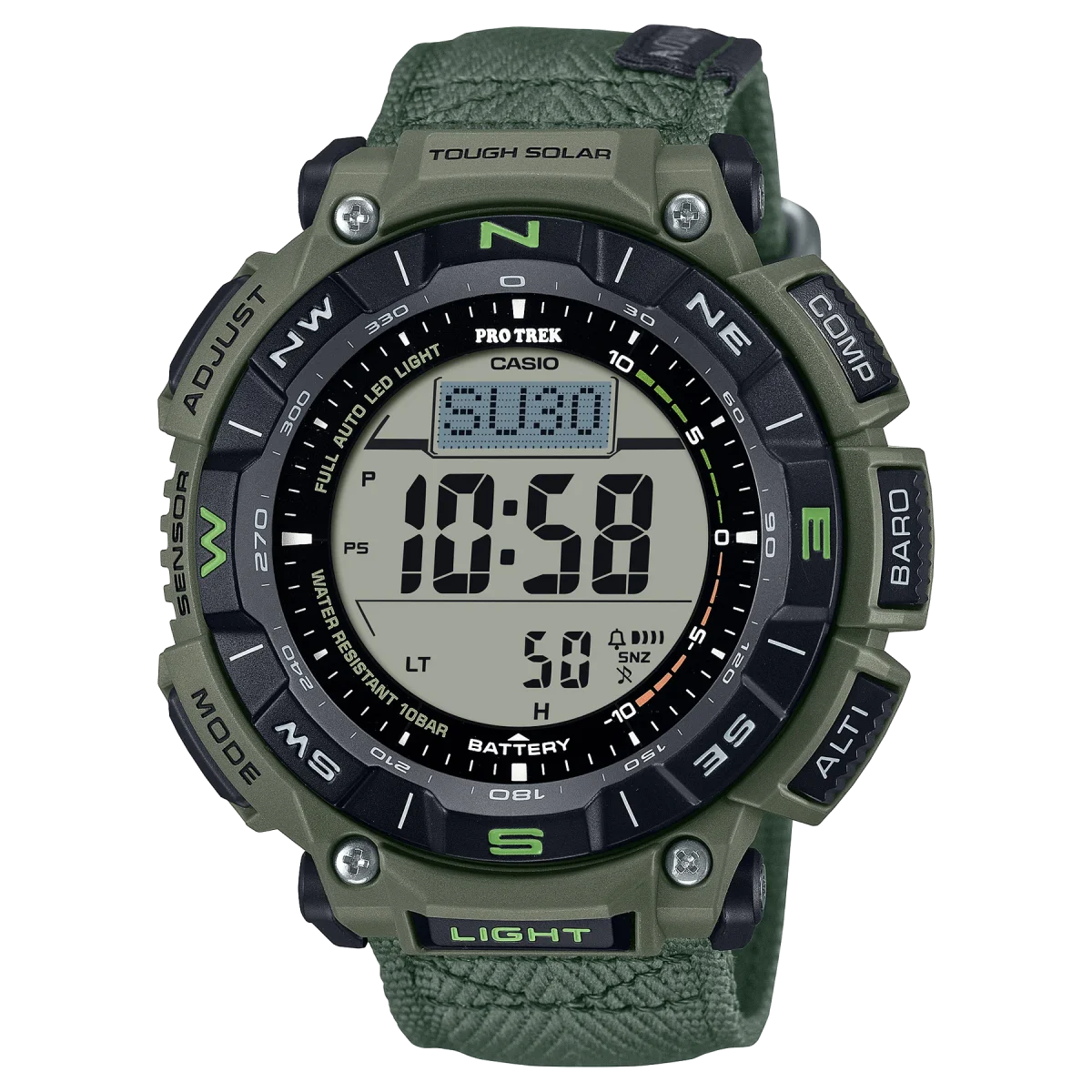 Casio PRO TREK Solar Powered, Triple Sensor, Green Case, Castlon Band 100M WR - PRG340B-3D