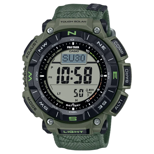 Casio PRO TREK Solar Powered, Triple Sensor, Green Case, Castlon Band 100M WR - PRG340B-3D