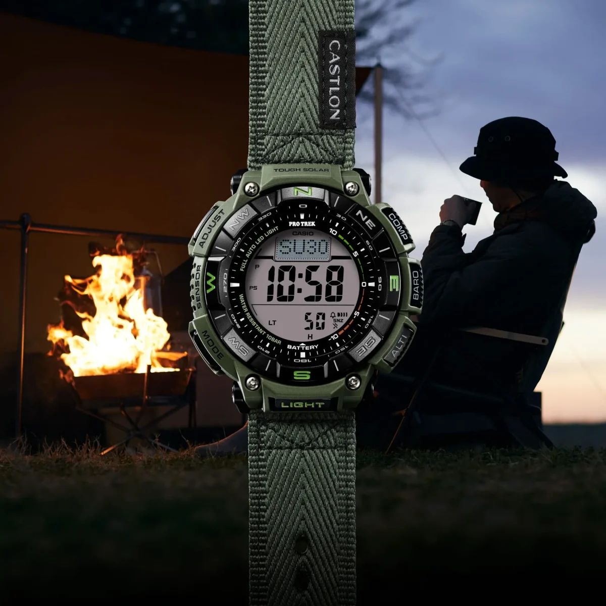 Casio PRO TREK Solar Powered, Triple Sensor, Green Case, Castlon Band 100M WR - PRG340B-3D