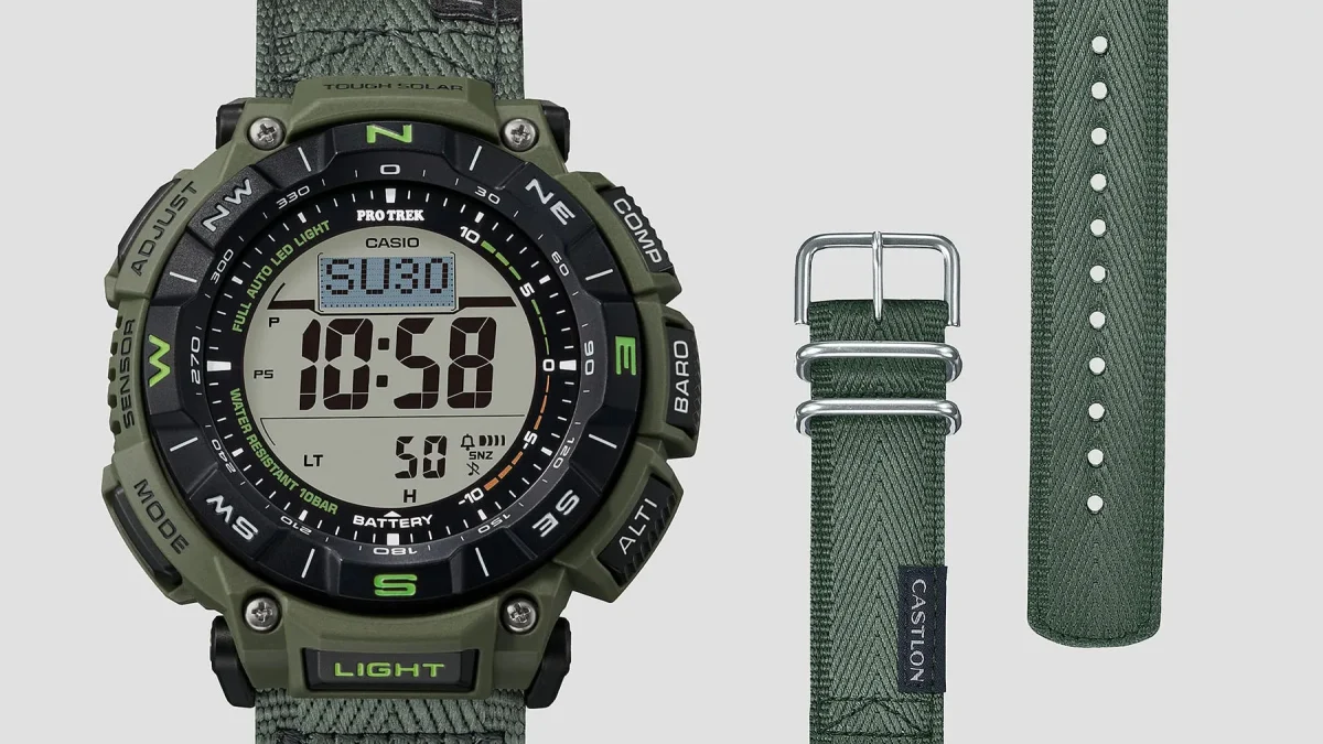 Casio PRO TREK Solar Powered, Triple Sensor, Green Case, Castlon Band 100M WR - PRG340B-3D