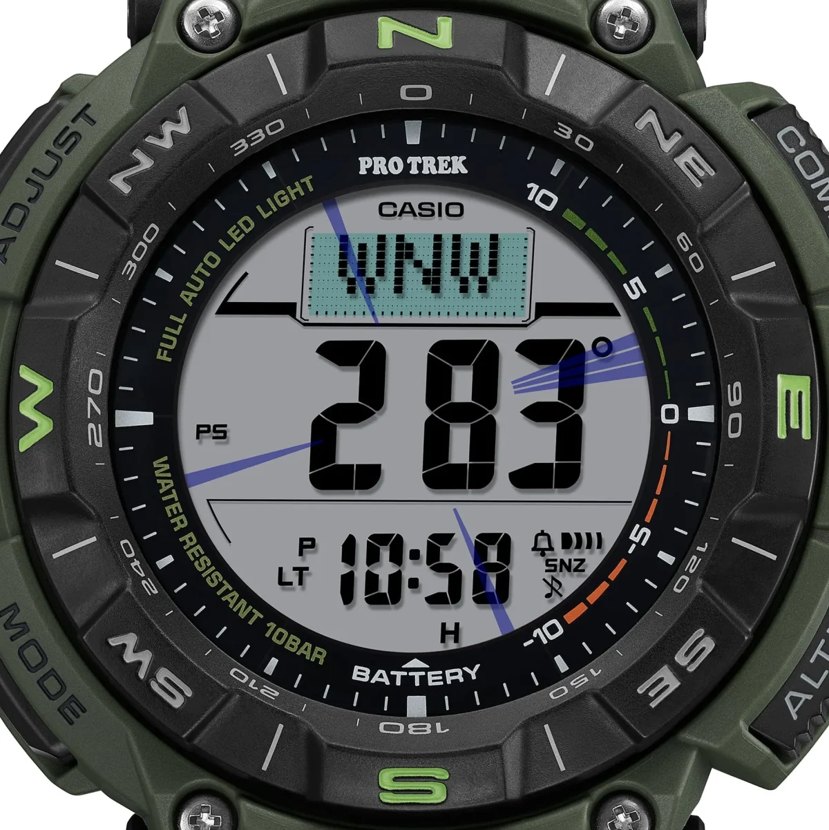 Casio PRO TREK Solar Powered, Triple Sensor, Green Case, Castlon Band 100M WR - PRG340B-3D