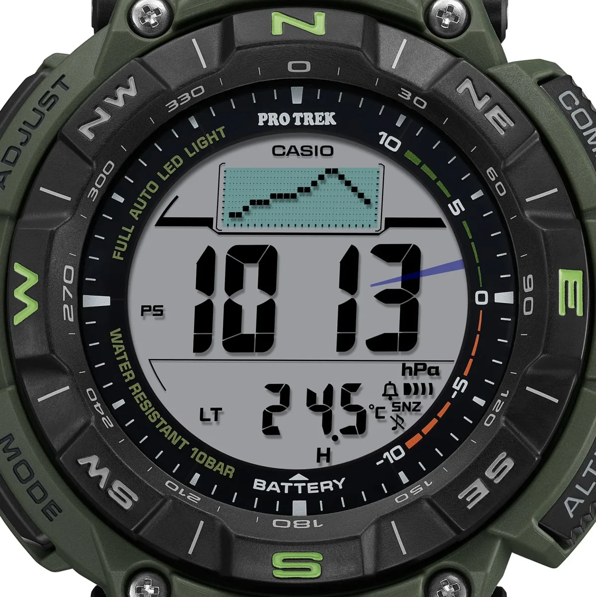 Casio PRO TREK Solar Powered, Triple Sensor, Green Case, Castlon Band 100M WR - PRG340B-3D