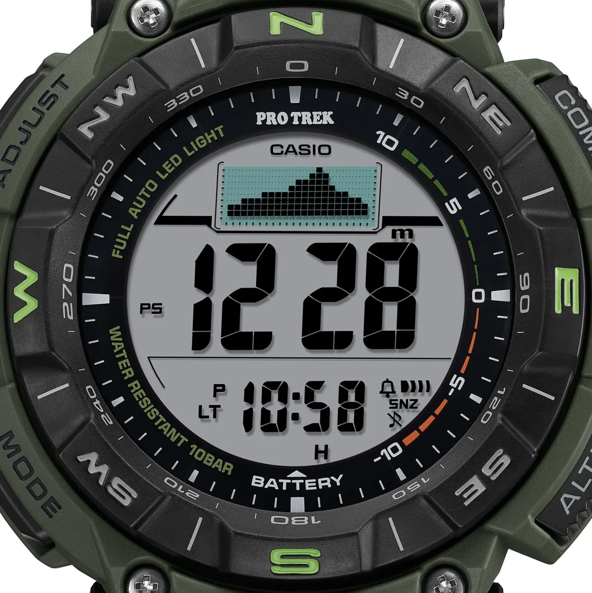 Casio PRO TREK Solar Powered, Triple Sensor, Green Case, Castlon Band 100M WR - PRG340B-3D