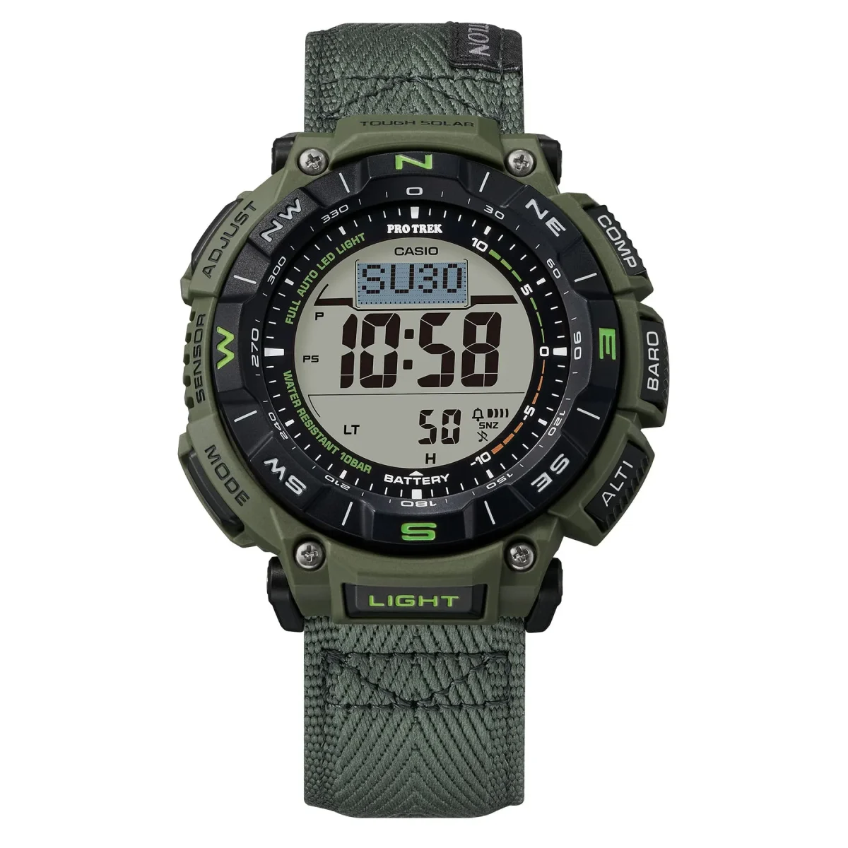 Casio PRO TREK Solar Powered, Triple Sensor, Green Case, Castlon Band 100M WR - PRG340B-3D