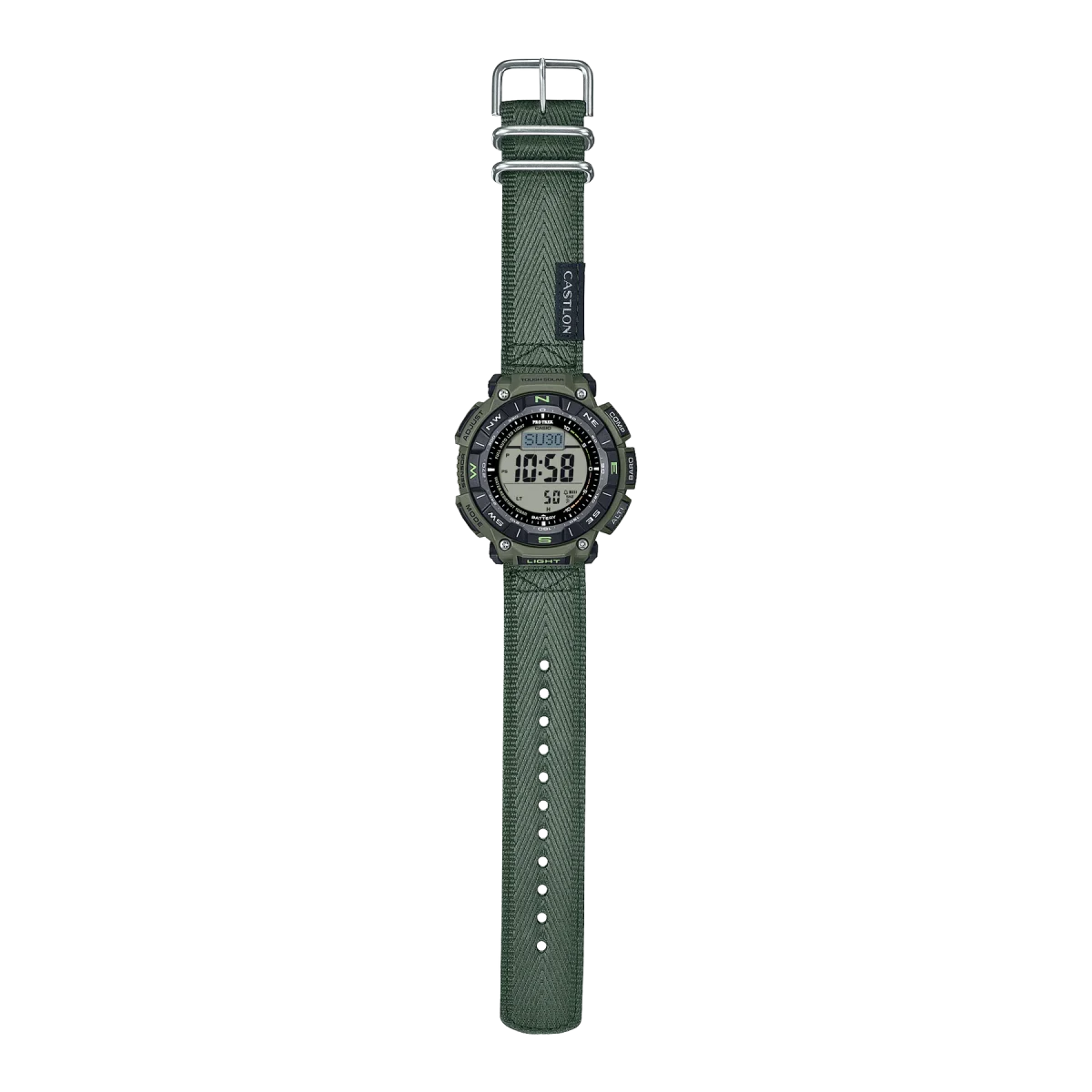 Casio PRO TREK Solar Powered, Triple Sensor, Green Case, Castlon Band 100M WR - PRG340B-3D