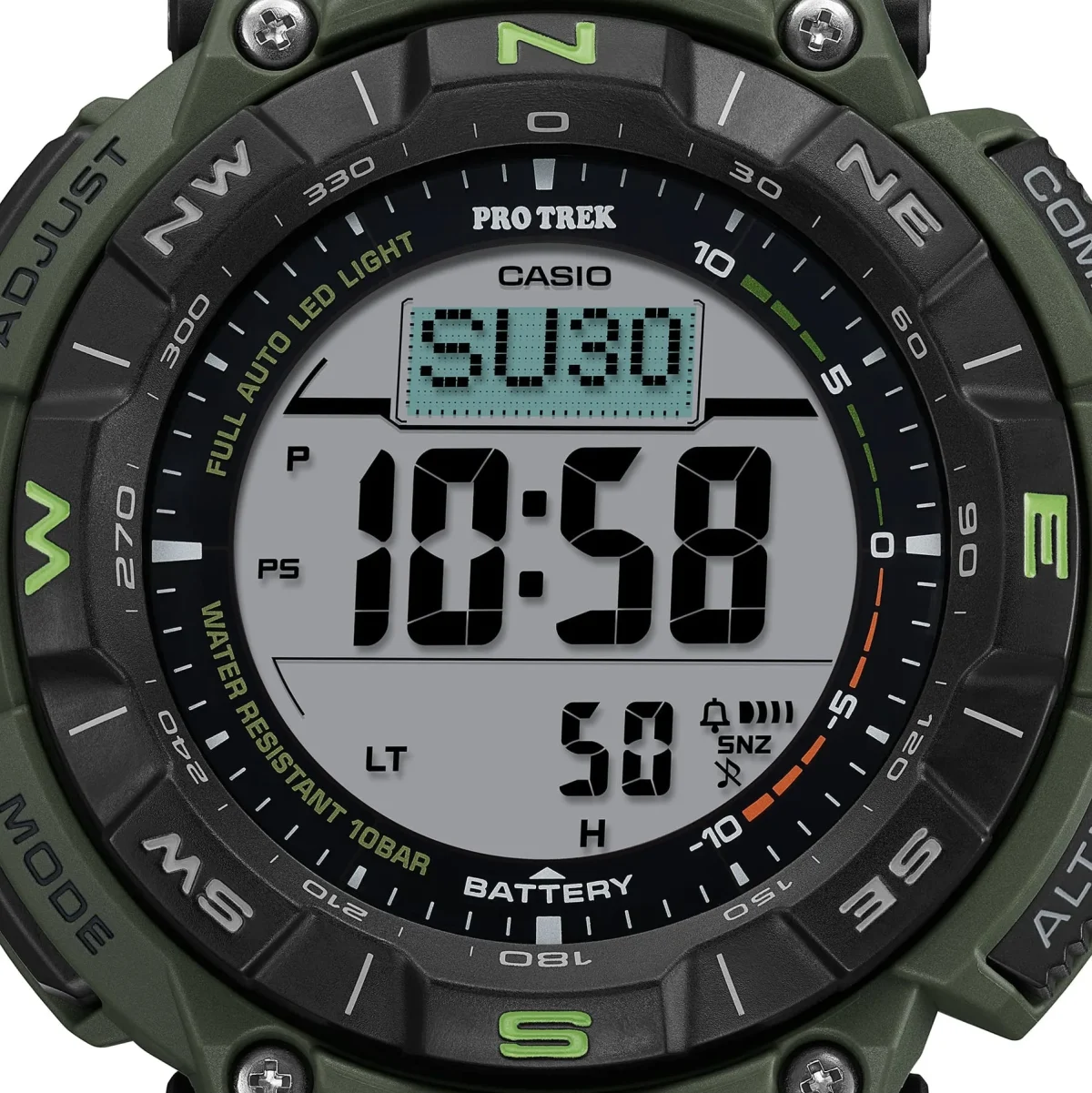 Casio PRO TREK Solar Powered, Triple Sensor, Green Case, Castlon Band 100M WR - PRG340B-3D