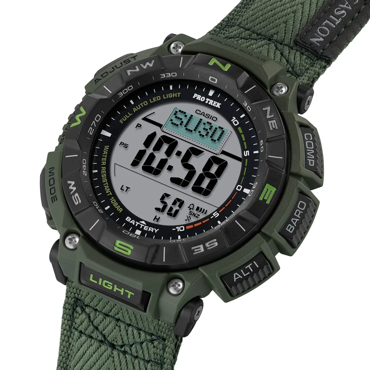 Casio PRO TREK Solar Powered, Triple Sensor, Green Case, Castlon Band 100M WR - PRG340B-3D