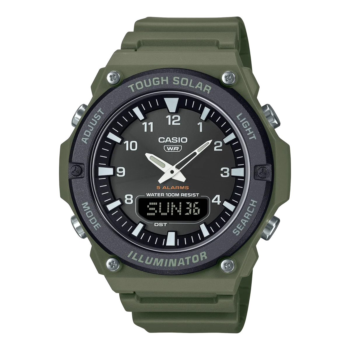 Casio Solar Powered Duel Time 100M WR Black Case, Green Resin Band - AQS820W-3BV