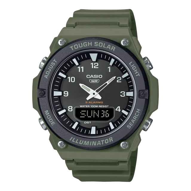 Casio Solar Powered Duel Time 100M WR Black Case, Green Resin Band - AQ-S820W-3BV