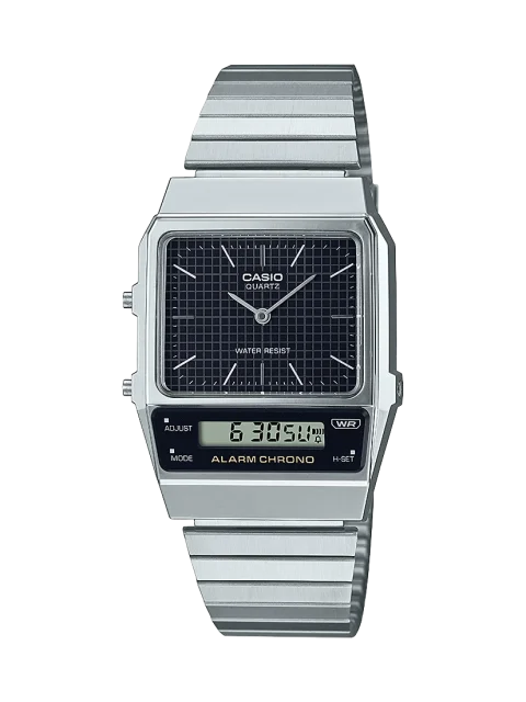 Casio Vintage Duo LCD Dial, Dual Time Silver Tone Black Dial - AQ800E-1A
