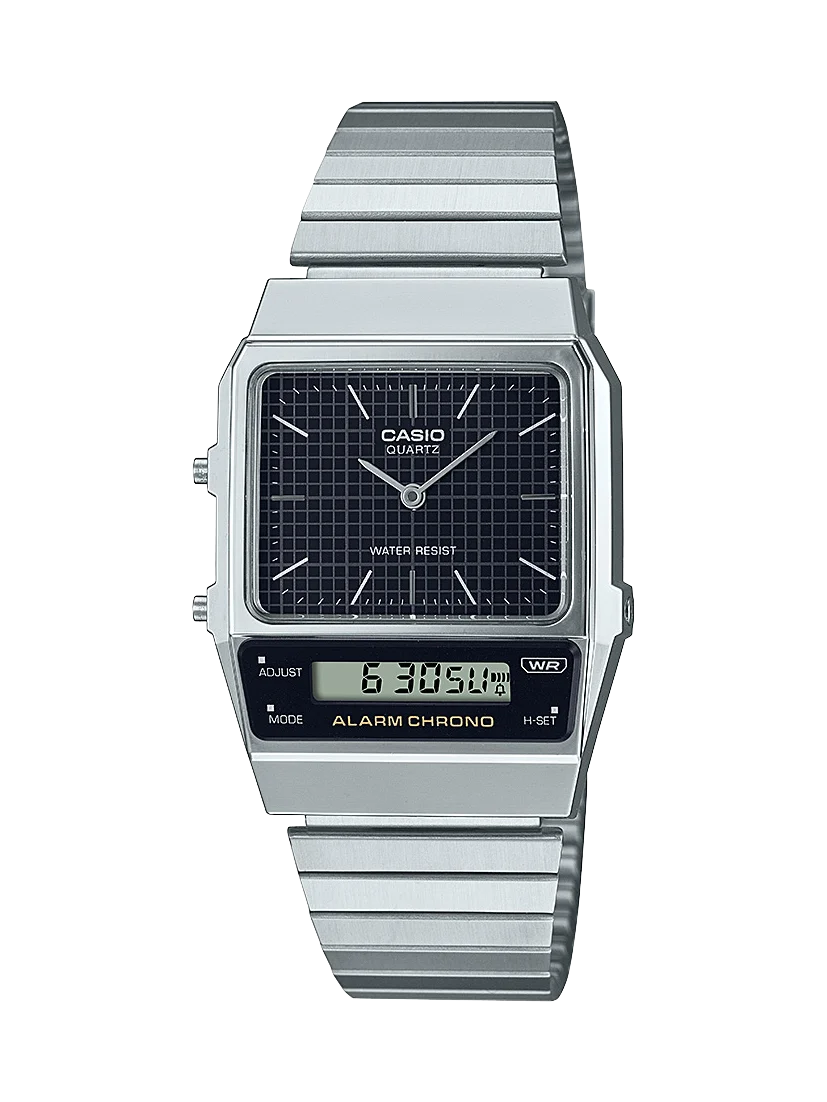 Casio Vintage Duo LCD Dial, Dual Time Silver Tone Black Dial - AQ800E-1A