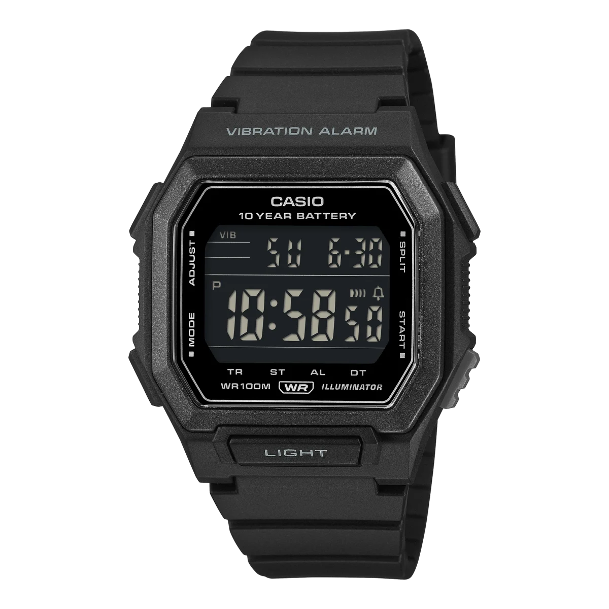 Casio W738H-1B Digital Watch – Vibration Alarm, 100M Water Resistant, 10 Year Battery, Black Resin Watch