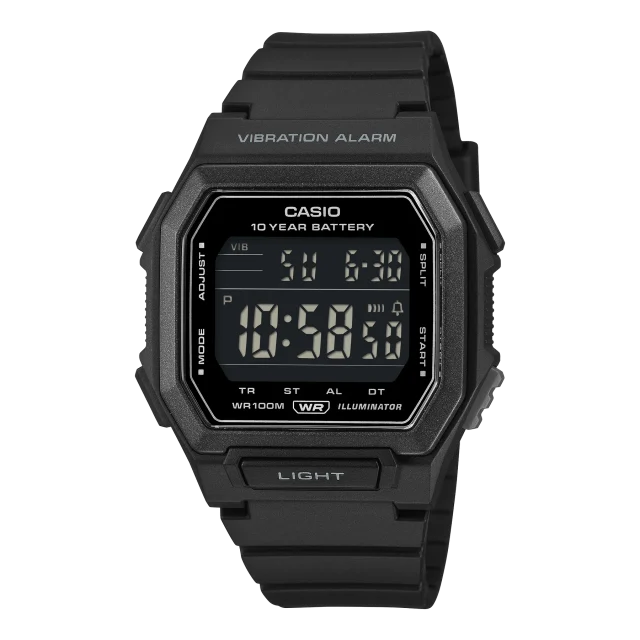 Casio W738H-1B Digital Watch – Vibration Alarm, 100M Water Resistant, 10 Year Battery, Black Resin Watch