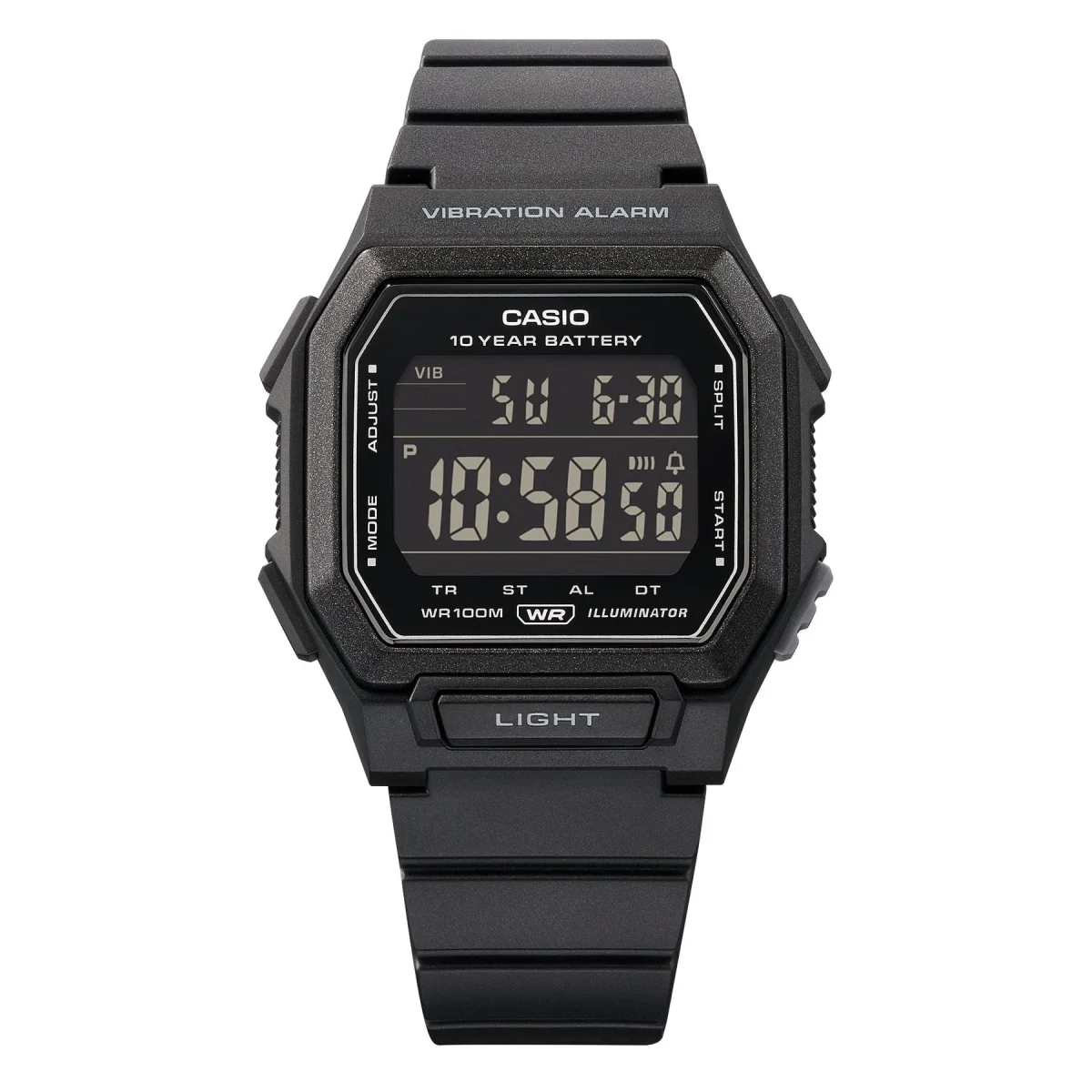 Casio W738H-1B Digital Watch – Vibration Alarm, 100M Water Resistant, 10 Year Battery, Black Resin Watch