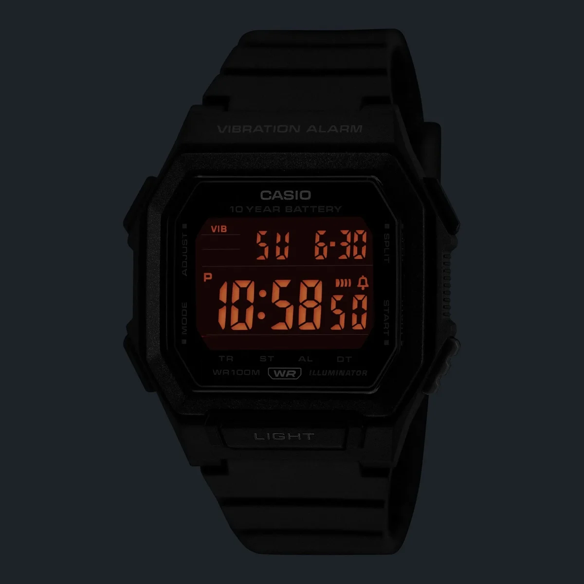 Casio W738H-1B Digital Watch – Vibration Alarm, 100M Water Resistant, 10 Year Battery, Black Resin Watch
