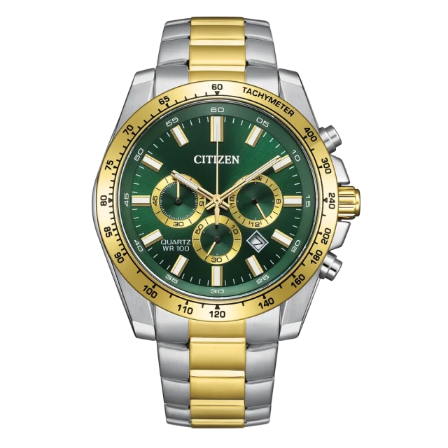 Citizen AN8234-58X Men’s Quartz Chronograph Watch – Two-Tone Stainless Steel, Green Dial, 100m Water Resistance