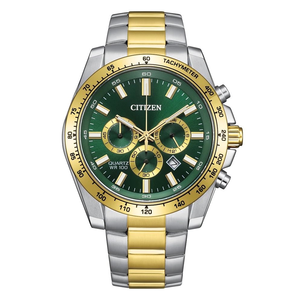 Citizen AN8234-58X Men’s Quartz Chronograph Watch – Two-Tone Stainless Steel, Green Dial, 100m Water Resistance