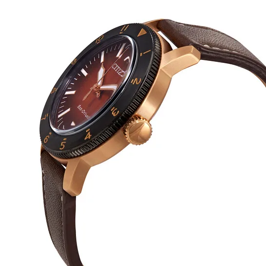 Citizen AW0079-13X Eco-Drive Men’s Watch – Rose Gold Case, Orange Dial, Brown Leather Strap