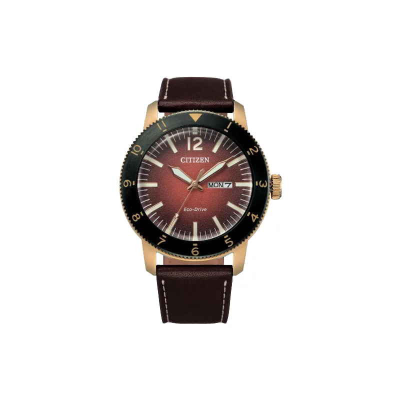 Citizen AW0079-13X Eco-Drive Men’s Watch – Rose Gold Case, Orange Dial, Brown Leather Strap