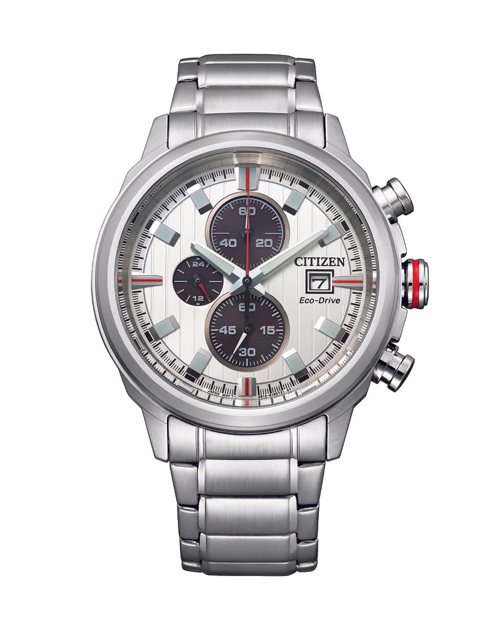 Citizen Eco-Drive Gents Chronograph 100m WR Silver Dial Stainless Steel Case & Band Watch - CA0738-83A