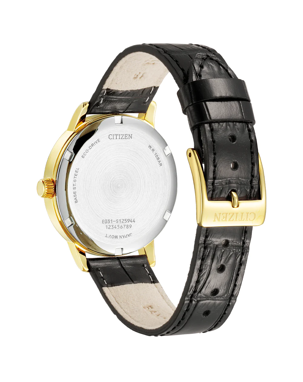 Citizen Eco-Drive Gents Gold Tone Case White Dial Black Leather Strap Watch - BJ6543-10A