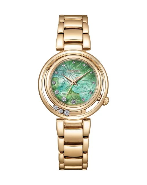 Citizen Eco-Drive Ladies Green Tinged Mother Of Pearl Face Dial Rose Gold Case & Band - EM1113-82Y