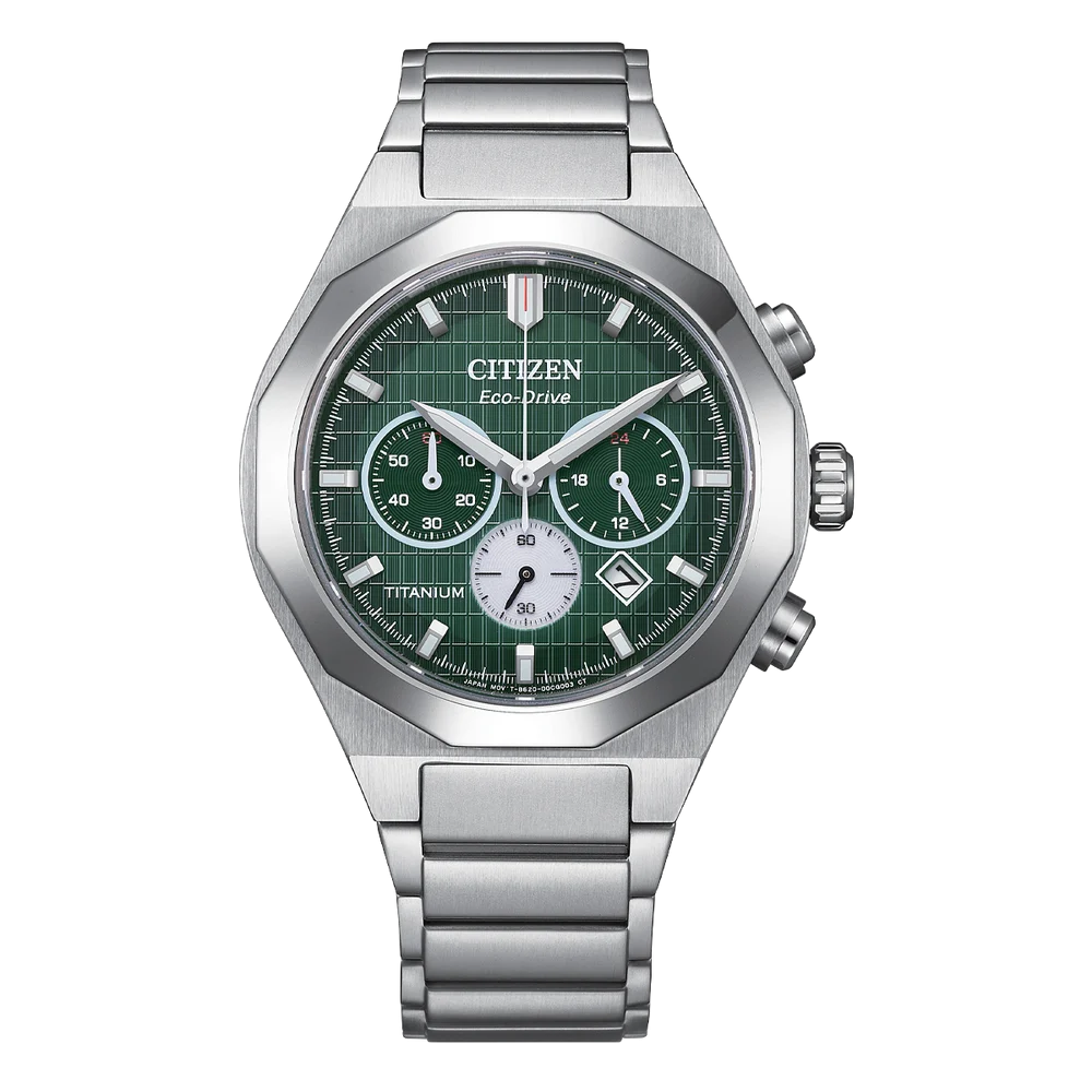 Citizen Eco-Drive Zenshin Senkei Super Titanium Chronograph Green Dial Men’s Watch - CA4691-59X