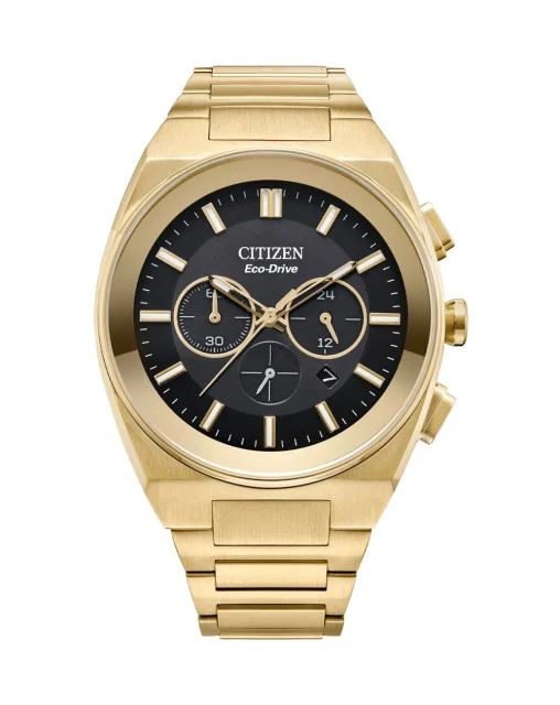 Citizen Gents Eco-Drive Chronograph Black Dial Gold Tone Watch - CA4582-54E