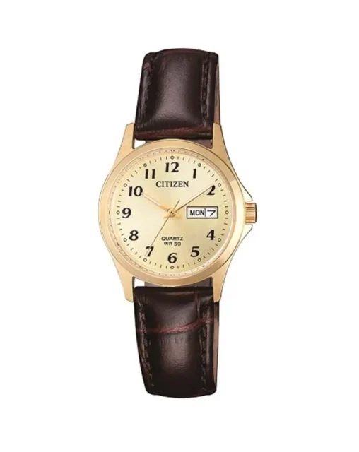 Citizen Ladies Quartz Classix Day & Date, Gold Case & Dial with Leather Strap - EQ2002-07P
