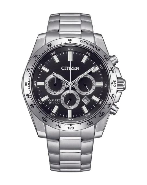 Citizen Quartz Sports Chronograph 100M WR Black Dial, Stainless Steel Case & Band - AN8230-59E