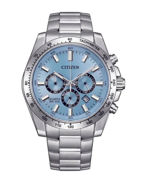 Citizen Quartz Sports Chronograph 100M WR Blue Dial, Stainless Steel Case & Band - AN8230-59l