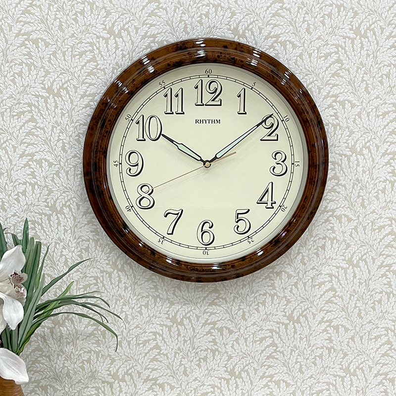 Rhythm Wall Clock, Glow In The Dark Dial, Wood Grain Plastic Case - CMG713NR06