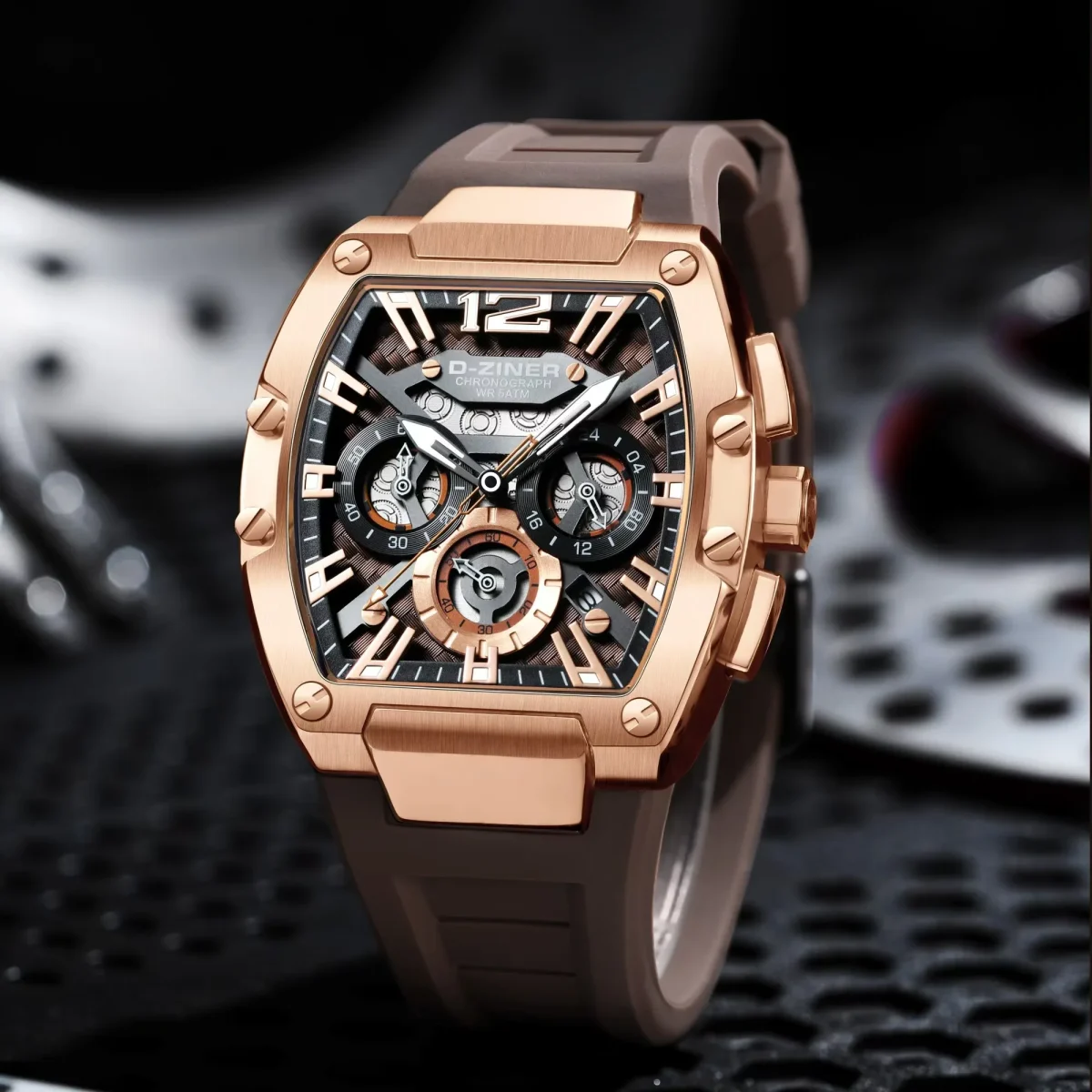 D-Ziner DZ-9051 Men’s Chronograph Watch – Rubber Strap, 50M Water Resistant - BRNROSEGOLD