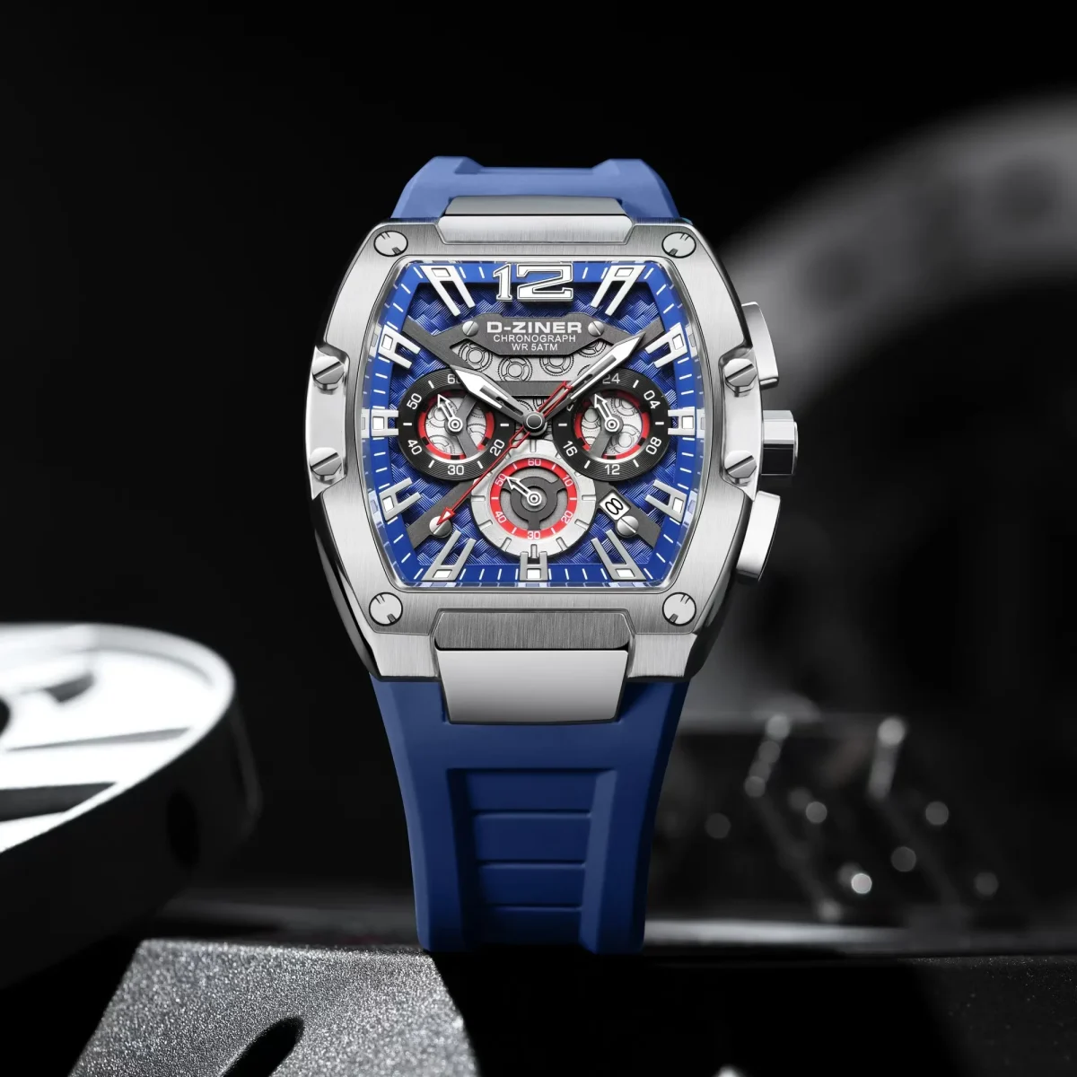 D-Ziner DZ-9051 Men’s Chronograph Watch – Rubber Strap, 50M Water Resistant - BLUESILVER