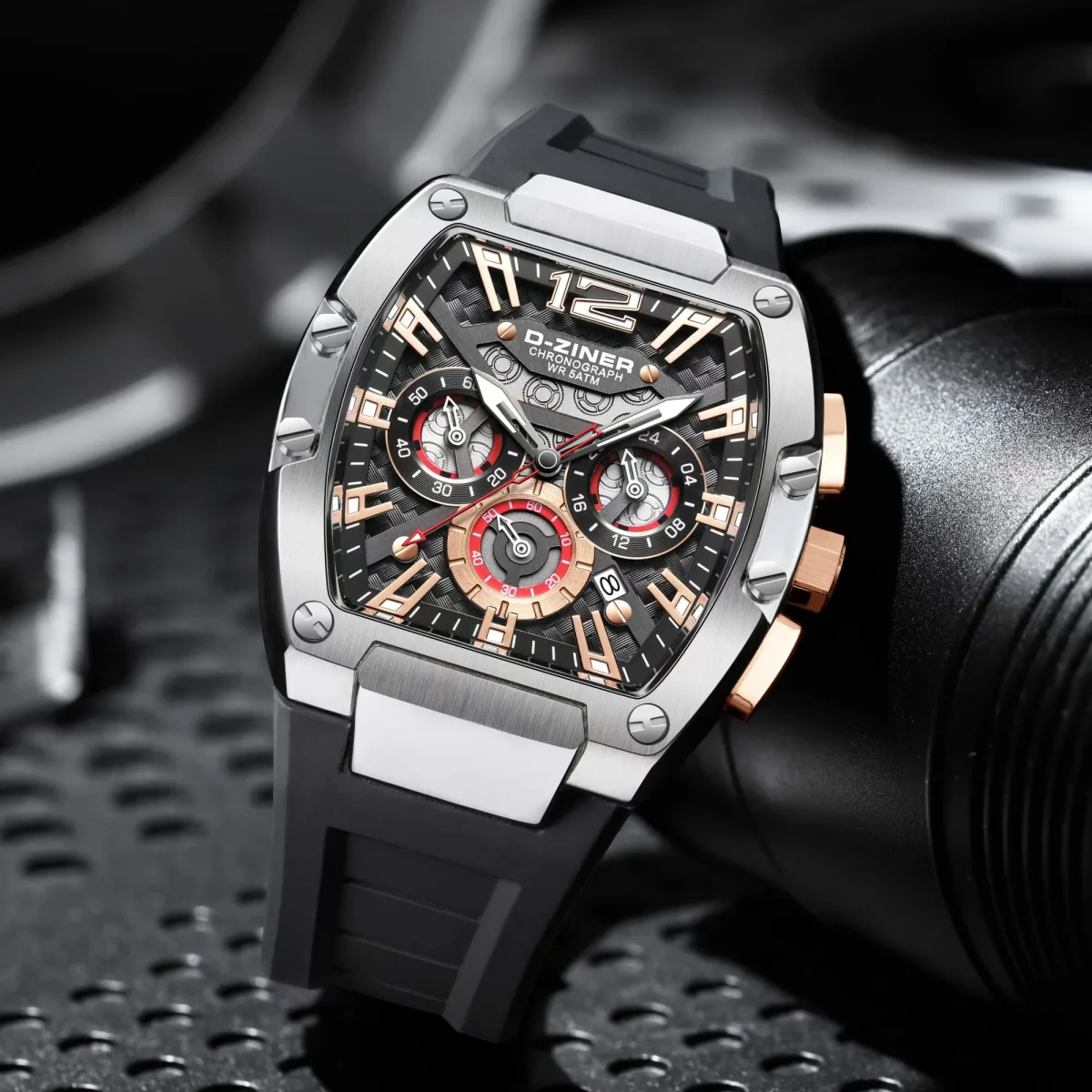 D-Ziner DZ-9051 Men’s Chronograph Watch – Rubber Strap, 50M Water Resistant - BLKSILVER