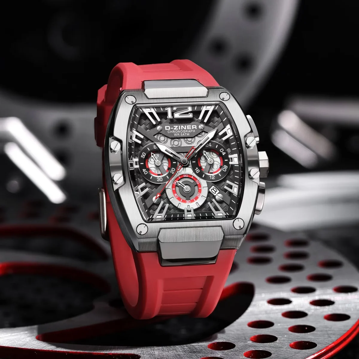 D-Ziner DZ-9051 Men’s Chronograph Watch – Rubber Strap, 50M Water Resistant - REDSILVER