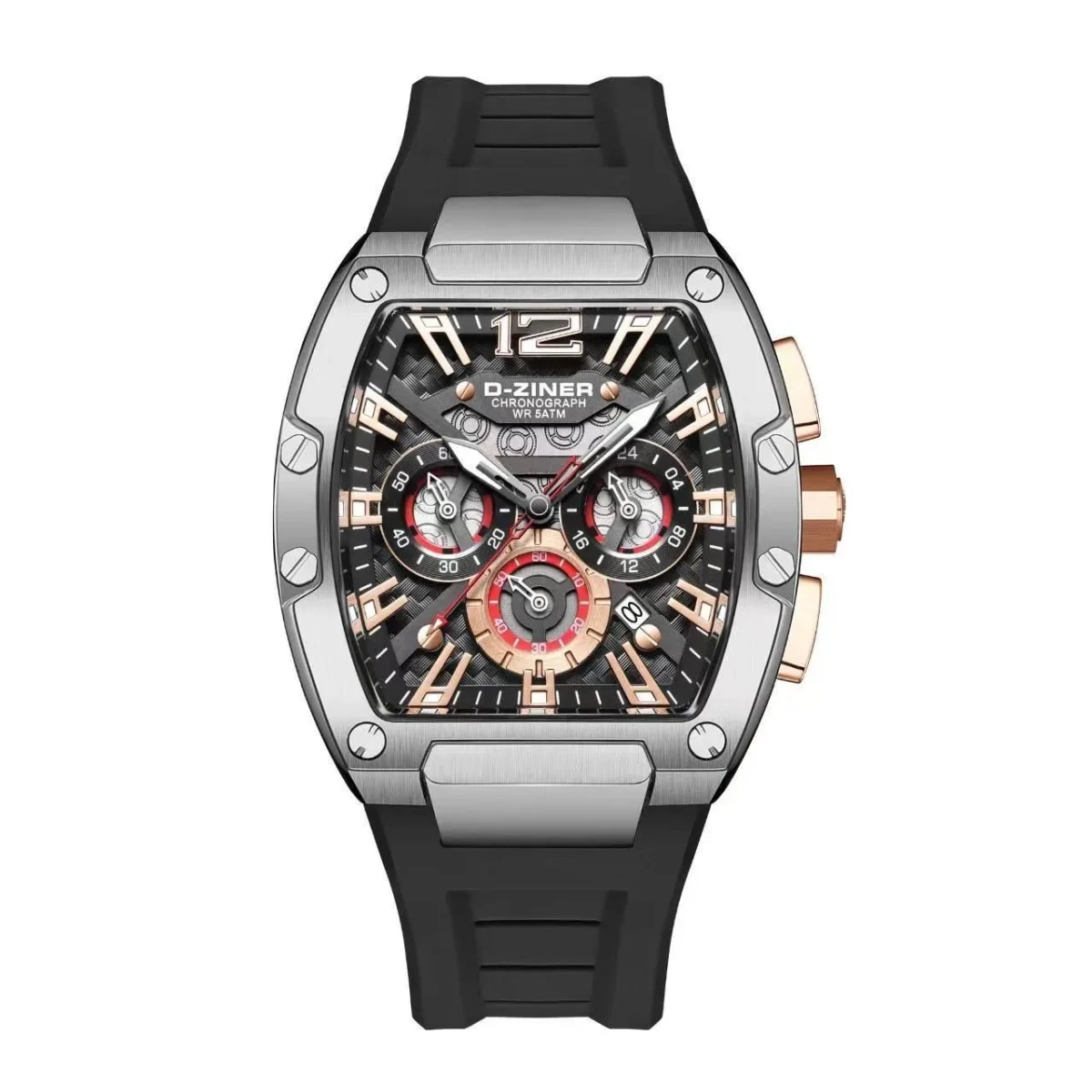 D-Ziner DZ-9051 Men’s Chronograph Watch – Rubber Strap, 50M Water Resistant - BLKSILVER