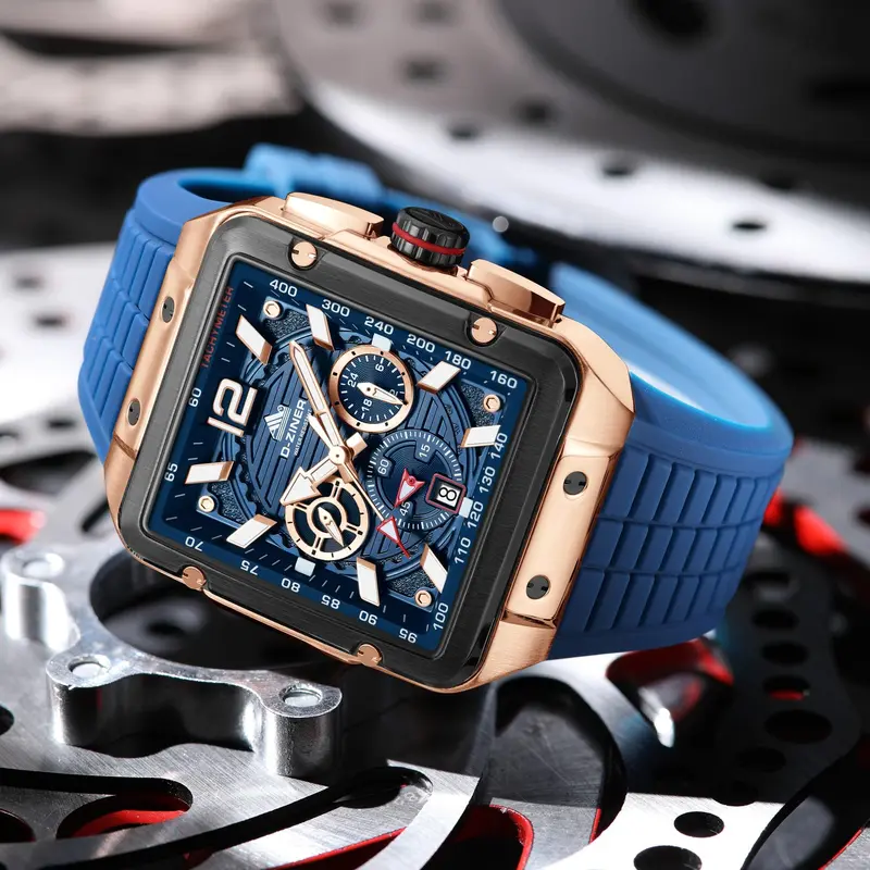 D-ZINER DZ Series Men’s Watch – Rose Gold Case with Dark Blue Dial & Strap, 44 mm, 30 m Water Resistant