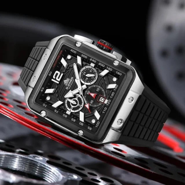 D-ZINER DZ Series Men’s Watch – Silver Case with Black Dial & Strap, 44 mm, 30 m Water Resistant
